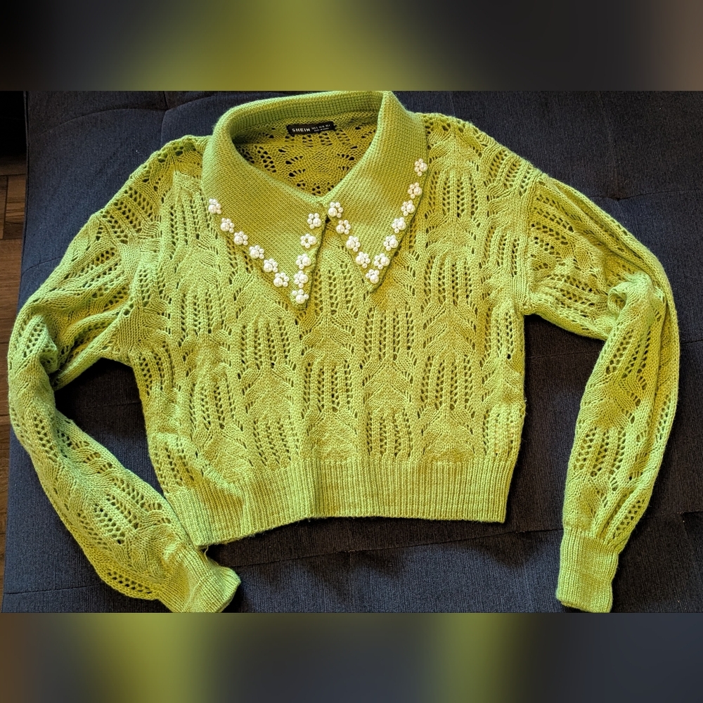 SHEIN Green Knit Sweater with Pearl Collar, Size Small